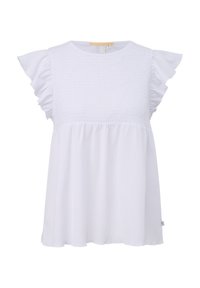 Biały top z krótkimi, falbanianymi rękawami, marszczoną fakturą na biuście oraz luźnym, zwiewnym krojem. Miękka tkanina o spokojnym, lekkim wyglądzie.