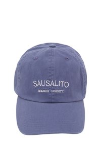 Baseball cap in soft, navy cotton with a curved brim. Features white embroidered text: "SAUSALITO" and "MARIN COUNTY."