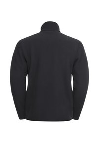 Giacca in pile nera con colletto alto, texture a coste e maniche lunghe. Il design presenta una forma semplice e snella senza decorazioni.
