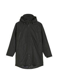 Czarna, średniej długości, lekka kurtka z kapturem, z zapięciem na zamek, dwiema przednimi kieszeniami i zaokrąglonym dołem. Teksturowana tkanina o gładkim wykończeniu.