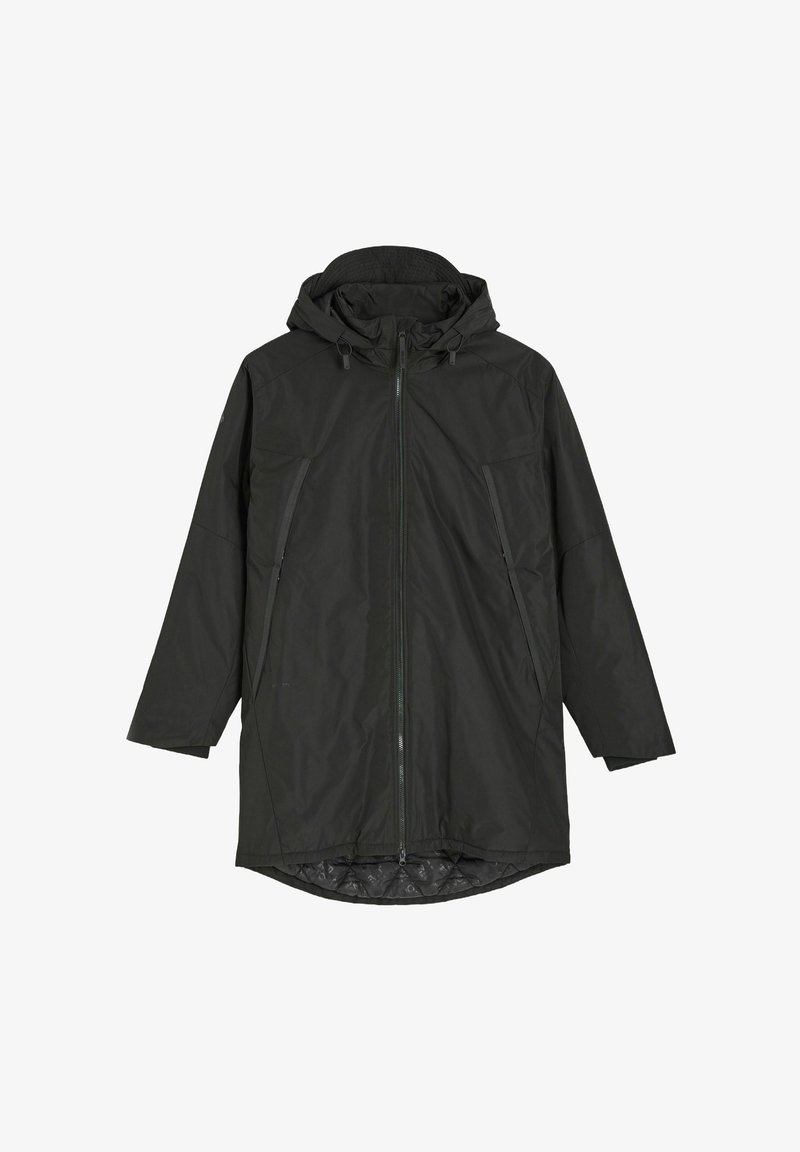 Czarna, średniej długości, lekka kurtka z kapturem, z zapięciem na zamek, dwiema przednimi kieszeniami i zaokrąglonym dołem. Teksturowana tkanina o gładkim wykończeniu.