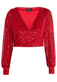 Cropped top rosso con paillettes, maniche lunghe a sbuffo, scollatura a V profonda e tessuto testurizzato. Presenta dettagli arricciati in vita e maniche con polsino.