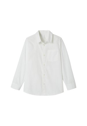 Long-sleeve white button-up shirt with collar and chest pocket, displayed against a plain white background.