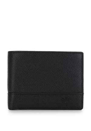 Black leather wallet with a textured finish, horizontal design, and subtle logo detail embossed on the bottom right.