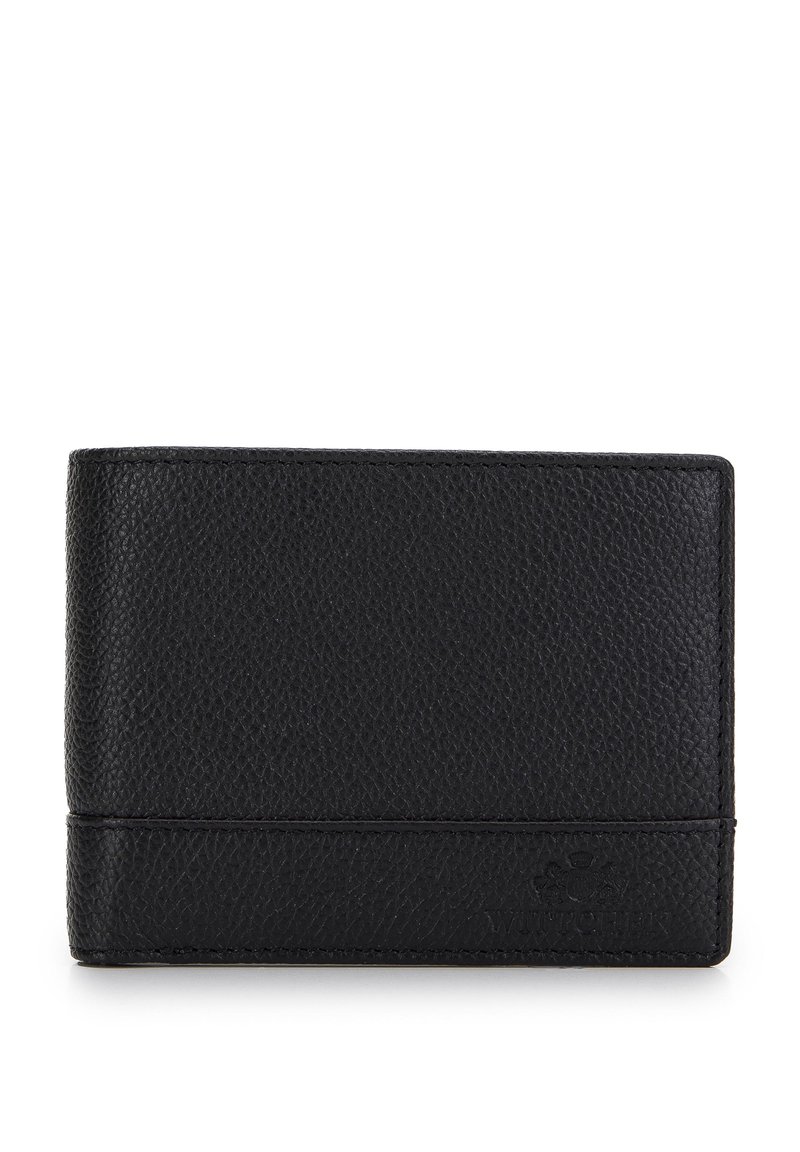 Portafoglio in pelle nera con finitura texture, design orizzontale e discreta lavorazione del logo impresso in basso a destra.