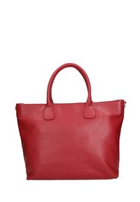 Rode leren handtas met een gestructureerd oppervlak, ronde dubbele handgrepen en een minimalistisch ontwerp. Beschikt over een veilige sluiting aan de bovenkant en een nette vorm.