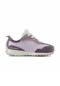 Purple and light lavender sneaker with textured fabric, leather accents, white laces, and a rubber sole featuring small traction grips.