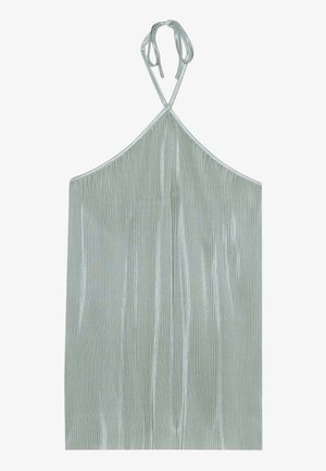 Lichtgroene mouwloze top met een halternek, met verticale geribbelde textuur en strikjes bij de halslijn, gemaakt van een glanzende stof.