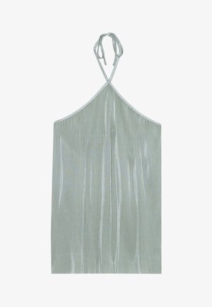 Lichtgroene mouwloze top met een halternek, met verticale geribbelde textuur en strikjes bij de halslijn, gemaakt van een glanzende stof.