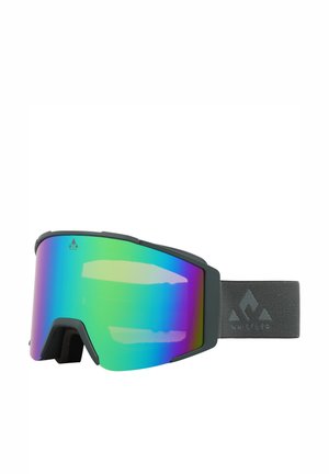 Skibril met een groot, gespiegeld glas met een verloop van groen naar paars, ingebouwd in een grijs montuur met een zachte band.