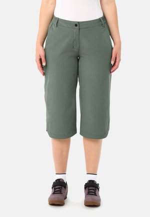 Persoon draagt olijfgroene shorts tot op de knie, witte sokken en grijze wandelschoenen, staand tegen een effen lichte achtergrond.