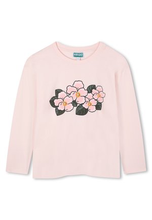 Light pink long-sleeve T-shirt made of cotton, featuring a floral graphic design with pink flowers and green leaves on the front.