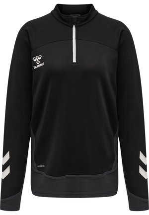 Black long-sleeve pullover with a high collar and a quarter zip. Features white Hummel logo and chevrons on the sleeves, textured fabric.