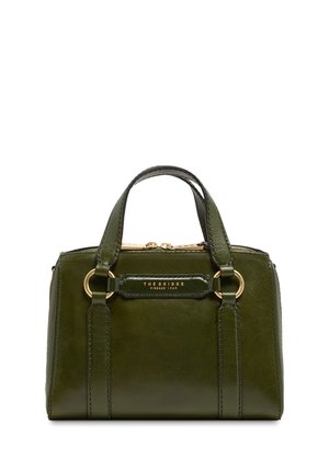 Borsa a mano in pelle verde scuro con doppi manici, dettagli ad anello dorati e "THE BRIDGE FIRENZE 1969" impresso sul pannello frontale.