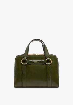 Bolso de mano de cuero verde oscuro con asas dobles, detalles en anillo dorado y "THE BRIDGE FIRENZE 1969" grabado en el panel frontal.