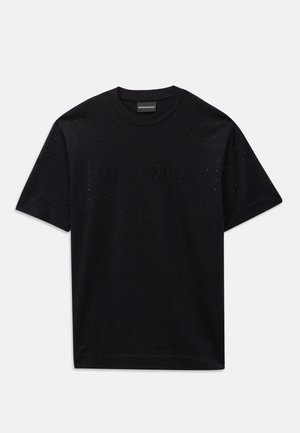 Black short-sleeve t-shirt with subtle perforated pattern and faint embossed logo across the chest, round neckline.