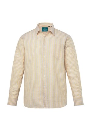 Camicia a maniche lunghe a righe gialla e bianca, realizzata in tessuto leggero. Caratterizzata da una chiusura con bottoni frontale e una tasca sul petto.