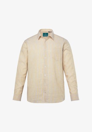 Camicia a maniche lunghe a righe gialla e bianca, realizzata in tessuto leggero. Caratterizzata da una chiusura con bottoni frontale e una tasca sul petto.