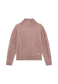 Rosa gestrickter Pullover mit hohem Kragen, Zopfmuster, geripptem Saum und dekorativen Knöpfen an der Schulter. Herzanpassung im Logo-Detail.