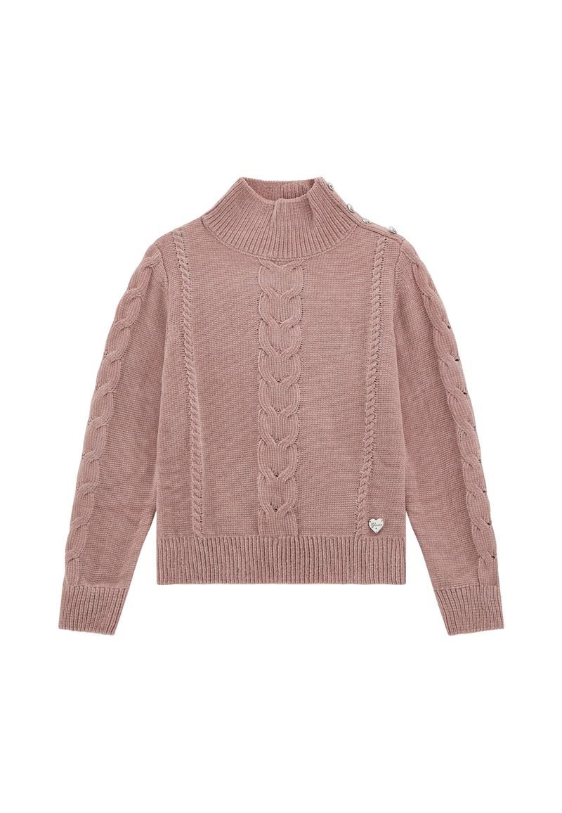 Rosa gestrickter Pullover mit hohem Kragen, Zopfmuster, geripptem Saum und dekorativen Knöpfen an der Schulter. Herzanpassung im Logo-Detail.