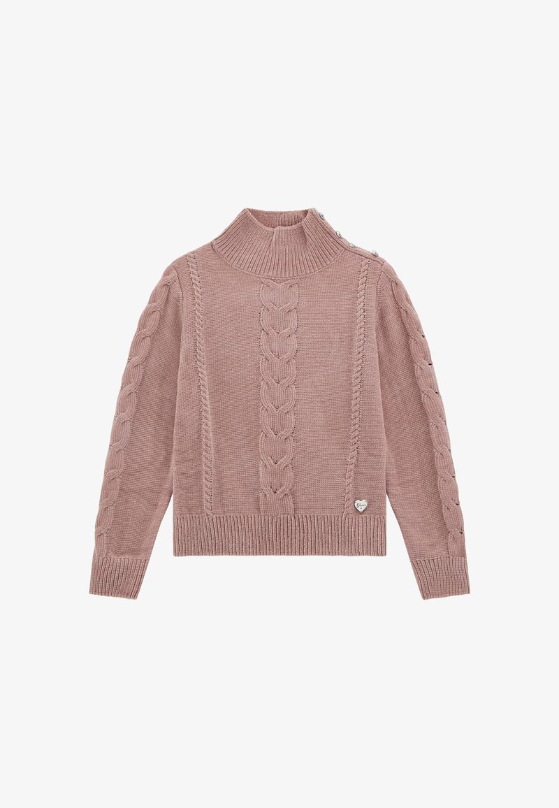 Pink knitted sweater with a high collar, cable knit design, ribbed hem, and decorative buttons on the shoulder. Heart-shaped logo detail.