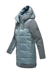 Veste matelassée en bleu clair avec une accentuation grise, dotée d'une capuche, d'une fermeture zippée, de deux poches latérales et d'une finition texturée.