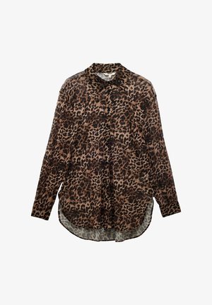 Leopard print long-sleeve shirt in shades of brown and black. Made of lightweight, semi-sheer fabric with a button-up front and curved hem.