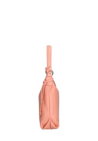 Borsa in pelle effetto pesca con tracolla annodata, forma arrotondata e dettagli in metallo dorato. Vista laterale che mette in risalto il design minimalista.