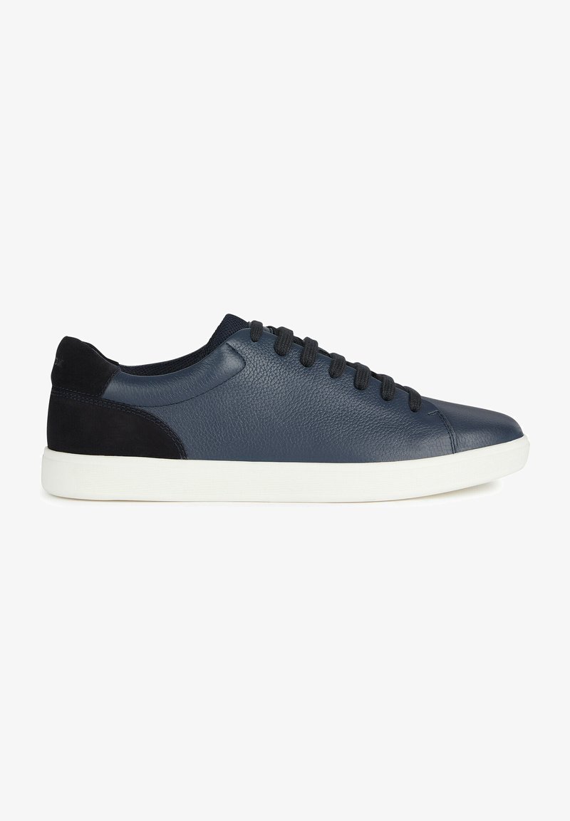 Navy leather sneakers with a textured finish, featuring black suede accents, white rubber sole, and six eyelets for laces.