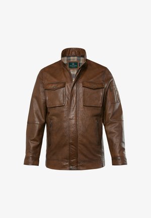 Braune Lederjacke mit strukturierter Oberfläche, ausgestattet mit zwei Brusttaschen, seitlichen Reißverschlüssen und einem Stehkragen. Sichtbares Innenfutter mit Karomuster.