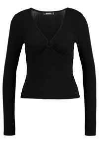 Svart långärmad topp i ribbad tyg, med en djup V-ringning och en central knut med ett cirkulärt utskuret detaljer.