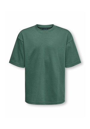 Grøn oversized T-shirt med korte ærmer og rund hals, vist mod en hvid baggrund.