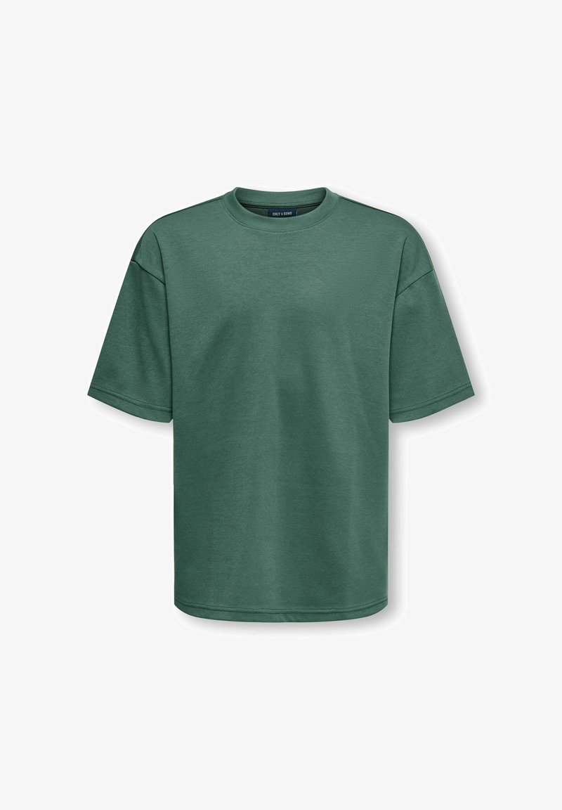 T-shirt vert oversize à manches courtes avec col rond, présenté sur fond blanc.