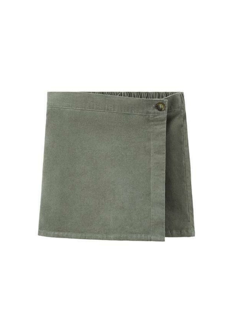 Gonna avvolgente verde in cotone, con chiusura a bottone sul lato, caratterizzata da una texture liscia e un design semplice e pulito.