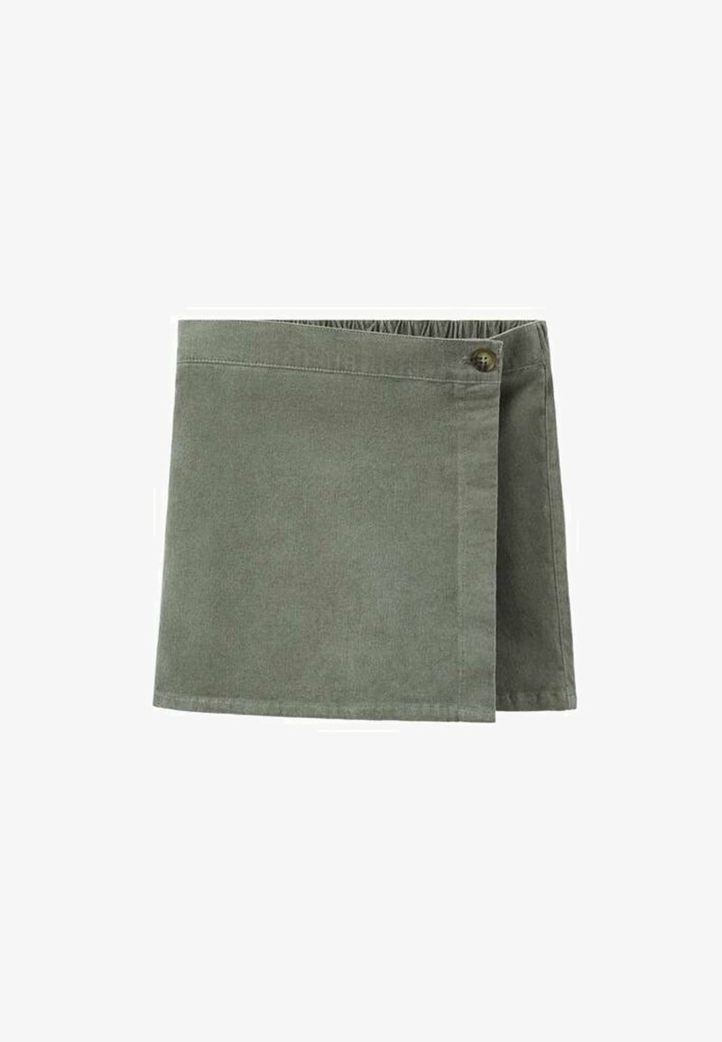 Zelena obleka iz bombaža s stranskim gumbom, gladke teksture in preprostim, čistim dizajnom.