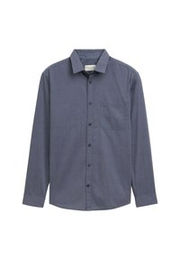 Dunkelblaues Langarmhemd mit Knopfleiste, einer Brusttasche und klassischem Kragen, flach auf einem weißen Hintergrund ausgelegt.