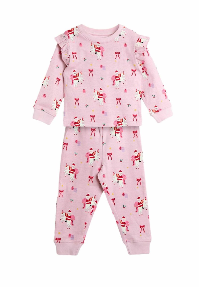 Rosa pyjamas-set med långärmad topp med volangaxlar och enhörningsmönster, som matchas med byxor dekorerade med presenter och band.