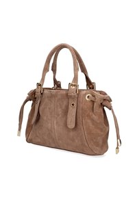 Borsa in suede marrone con doppi manici, hardware dorato e cinghie decorative. Texture morbida, forma leggermente strutturata e chiusura a zip.