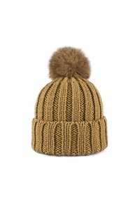Berretto lavorato a maglia di colore tan con un design a coste e un soffice pom-pom sulla parte superiore. Realizzato in filato testurizzato, presenta un risvolto alla base.