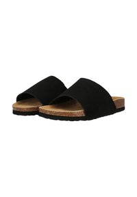 Sandales à glissière en daim noir avec une large bride de voûte, semelle en liège et semelle en caoutchouc. Le design présente une ouverture à l'avant et une surface texturée.