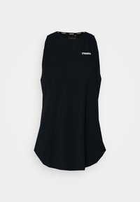 Haut noir sans manches en tissu doux, avec un col rond et une légère coupe évasée, arborant un logo blanc "STRONGER" sur la poitrine.