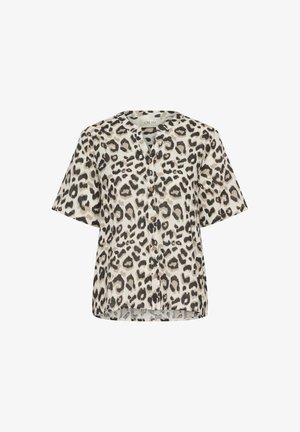 Rövid ujjú leopárdmintás ing bézs és fekete színben, V-nyakkivágással, gombos záródással és laza szabással. Könnyű, texturált anyag.