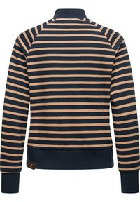 Felpa a righe con strisce orizzontali blu navy e beige, colletto alto, polsini a costine e un tessuto texturizzato. Etichetta del marchio sull'orlo.