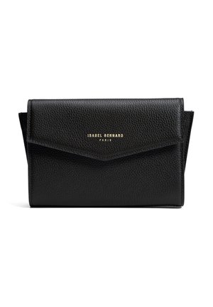 Portefeuille en cuir noir texturé avec rabat de style enveloppe, logo doré « Isabel Bernard Paris » centré sur le devant.