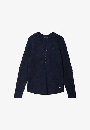 Maglione lavorato a maglia blu navy a maniche lunghe con motivo texture, colletto henley e cinque bottoni. Presenta un piccolo logo in evidenza sull'orlo.