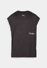 Black crew-neck T-shirt with short, dropped sleeves. Features white Puma logo on the chest and text "PUMA CREW" on the lower front. Soft fabric.