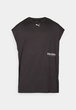 Black crew-neck T-shirt with short, dropped sleeves. Features white Puma logo on the chest and text "PUMA CREW" on the lower front. Soft fabric.