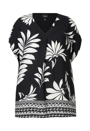Top nero a maniche corte con motivo floreale bianco; design a V con una vestibilità ampia; include un orlo decorato nella parte inferiore.