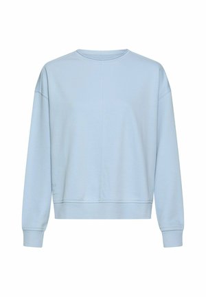 Hellblaue Sweatshirt mit Rundhalsausschnitt, langen Ärmeln und gerippten Bündchen und Saum, gezeigt auf weißem Hintergrund.