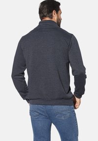 Dark gray sweatshirt with a high collar and ribbed cuffs, shown from the back. Paired with light blue denim jeans, featuring back pockets.